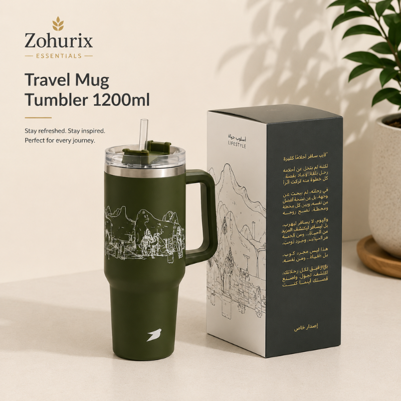 Arabic Calligraphy Coffee Tumbler — Desert Edition | كوب قهوة عربي تراثي
